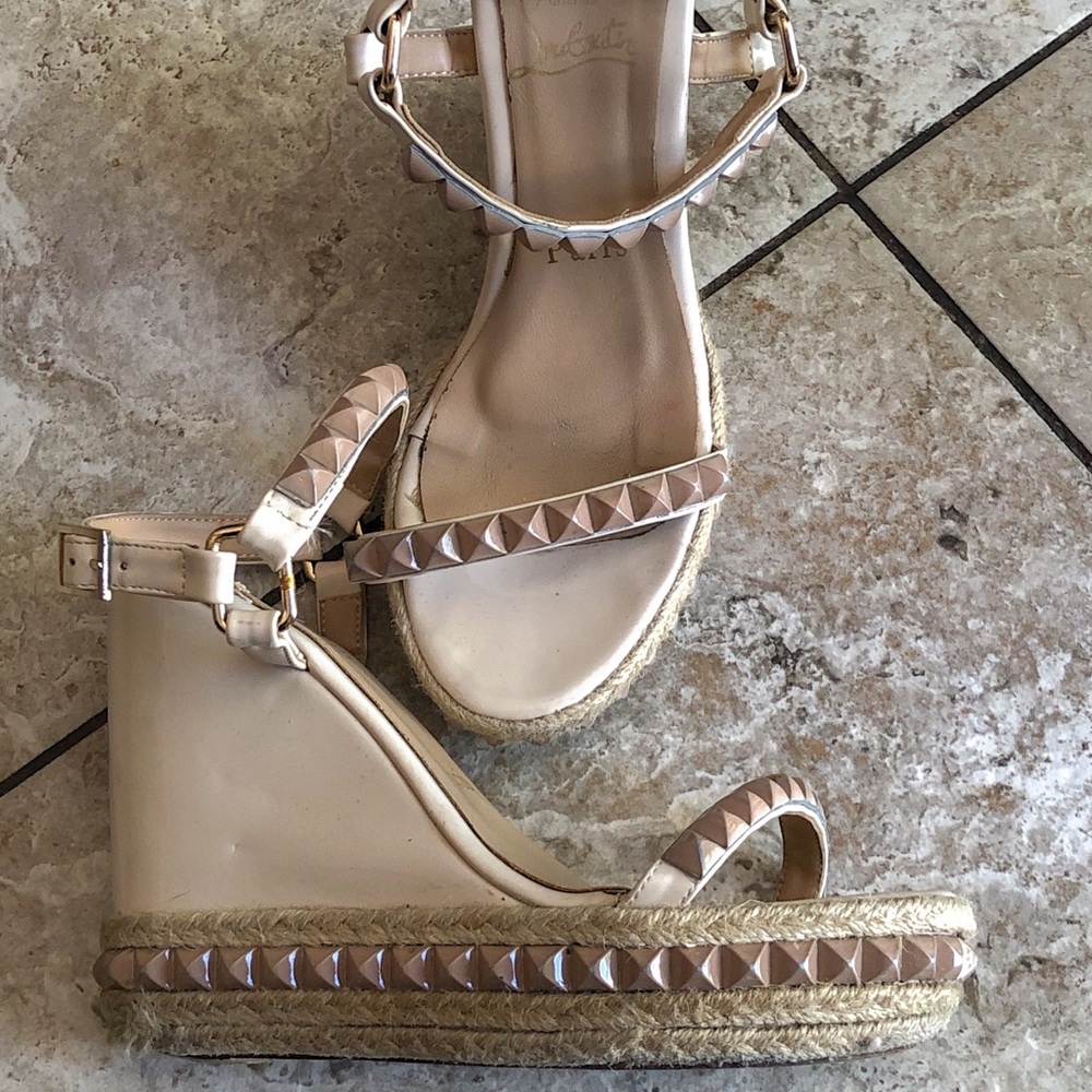 Louboutin pale nude and pink espadrille wedges